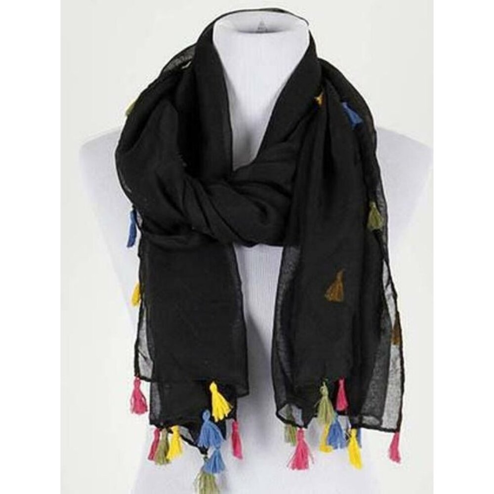 BOHO Black  72" x 28" Sash Scarf Wrap Pashmina Bohemian Tassel Scarf NEW